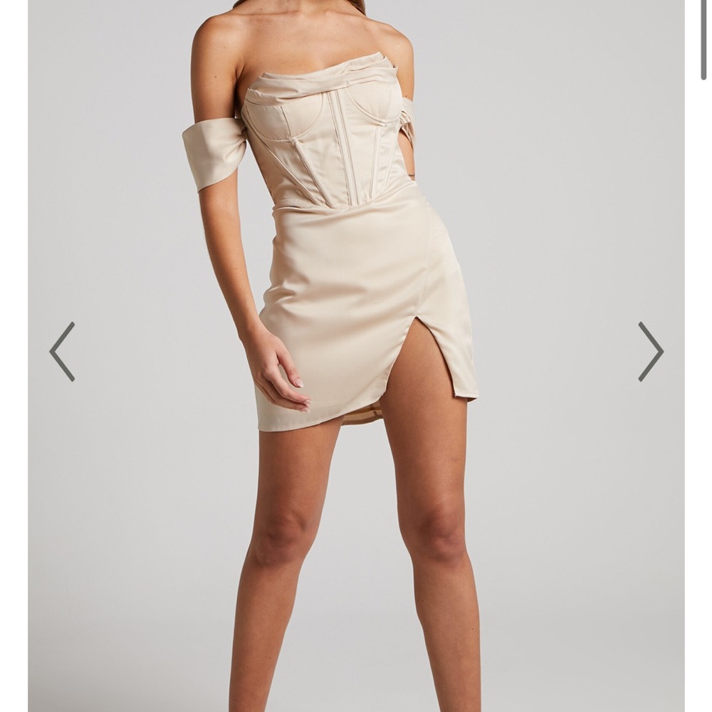Beige cowl neck mini dress- corset bodice